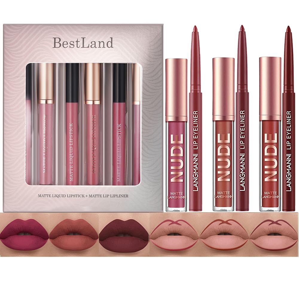 Bestland 6Pcs Matte Liquid Lipstick & Lip Liner Set - Vintage Charm, Waterproof, Long Wear