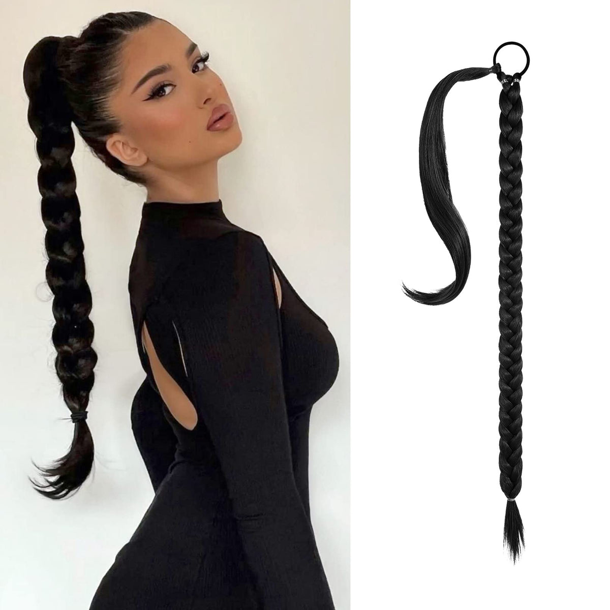 Seikea 20&quot; Black Braided Ponytail Extension - Soft Synthetic Hair Tie Wrap Around 16&quot; After Braiding