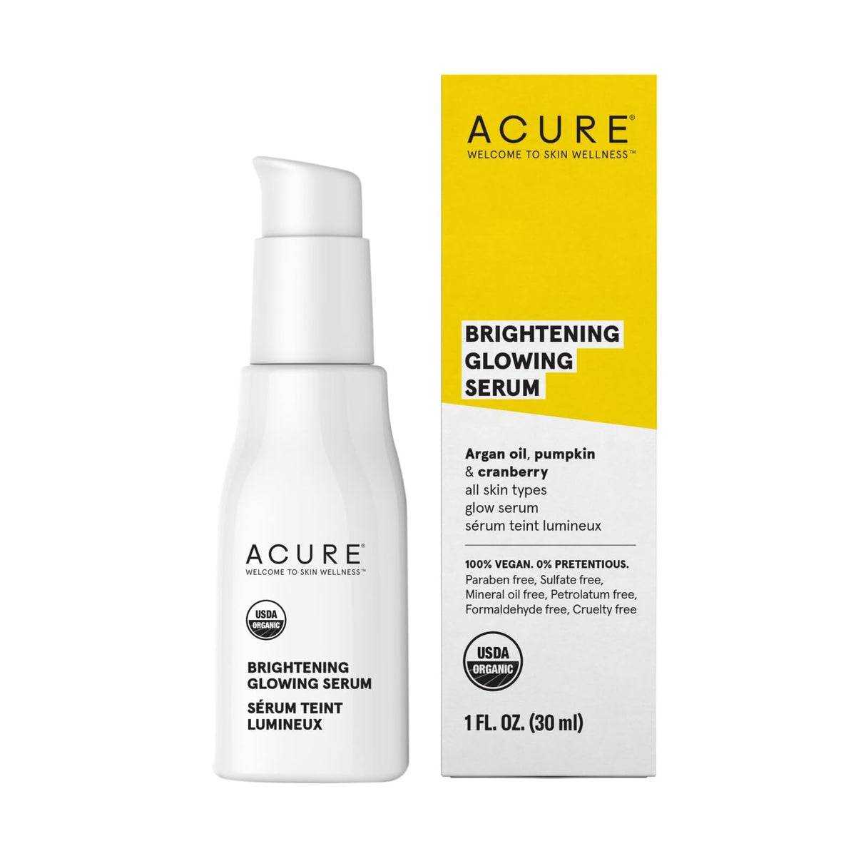 Acure Brightening Glowing Serum - Revitalize & Hydrate Face & Neck - 100% Vegan, 1 Fl Oz