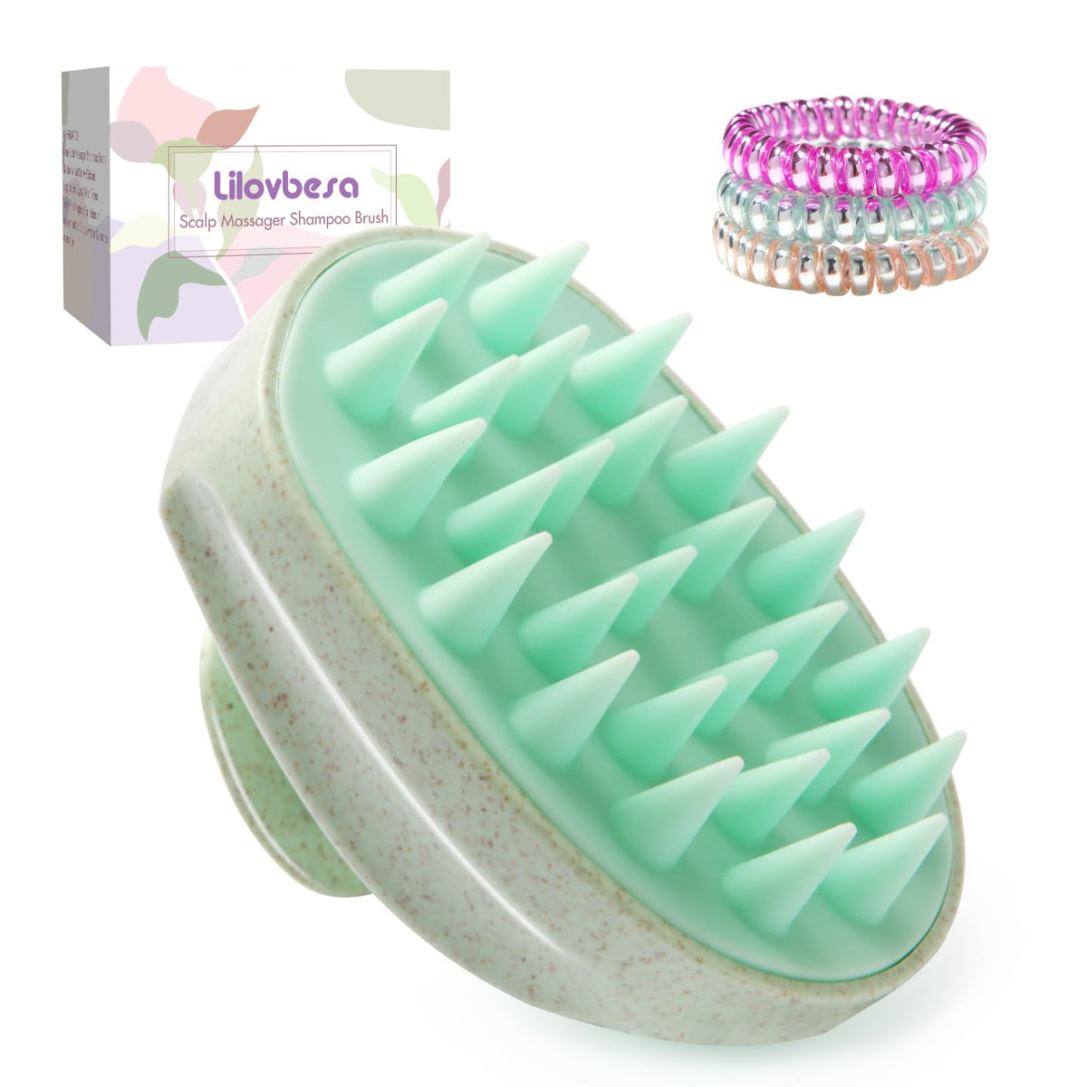 Lilovbesa Scalp Massager Brush With Soft Silicone Bristles, Includes 3 Spiral Hair Ties, Green