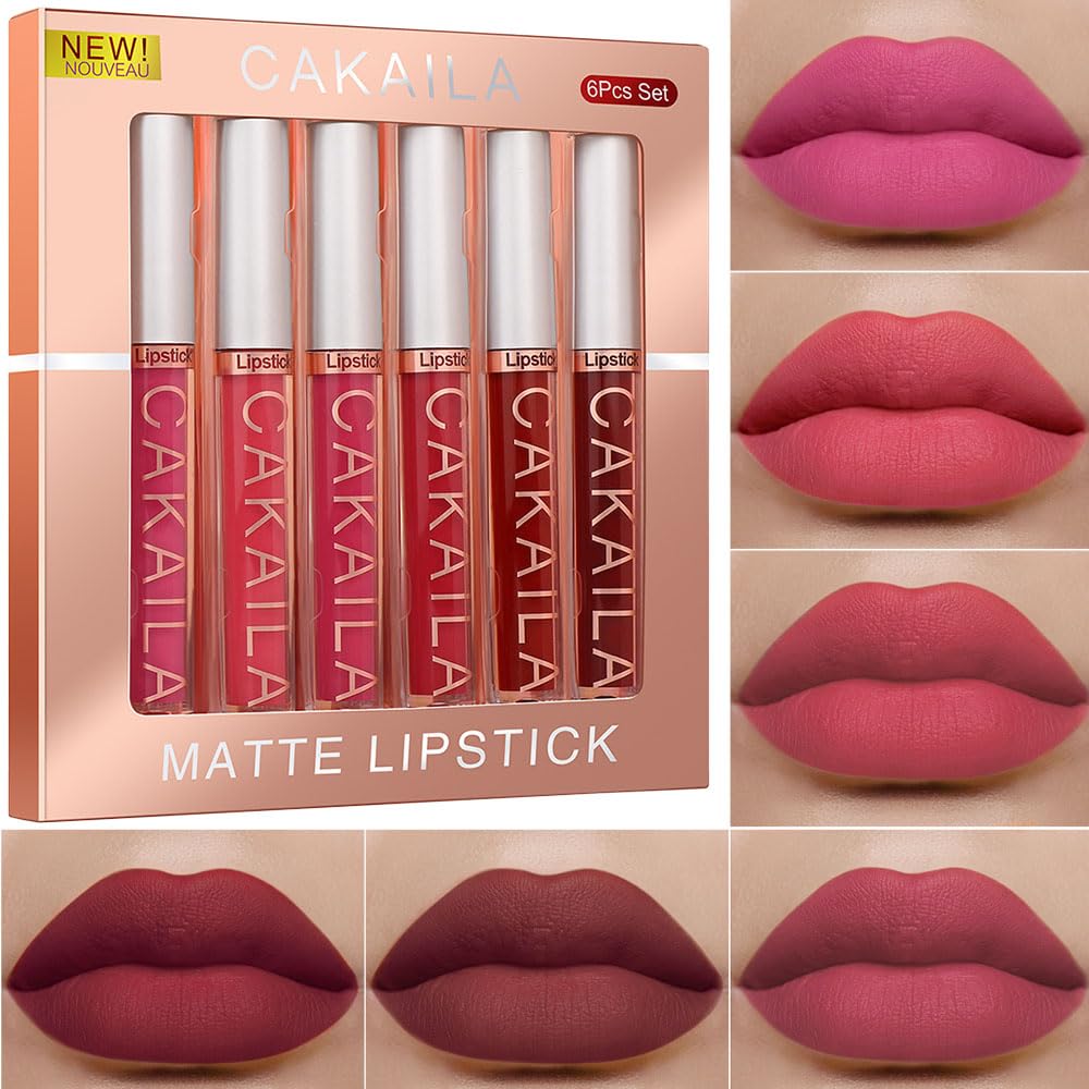 Cakaila 6Pcs Matte Liquid Lipstick Set - Waterproof Pink Nude Burgundy Lip Gloss For Women