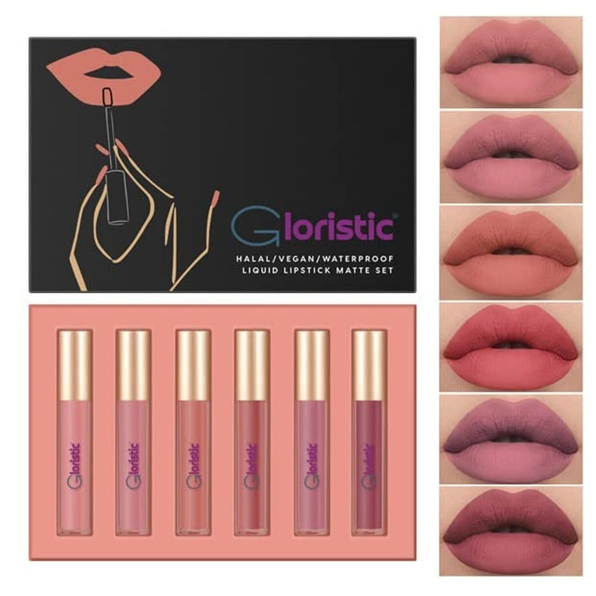 Gloristic 6Pcs Waterproof Liquid Matte Lipstick Set - Transfer-Proof, Kiss-Proof, Vegan, Halal