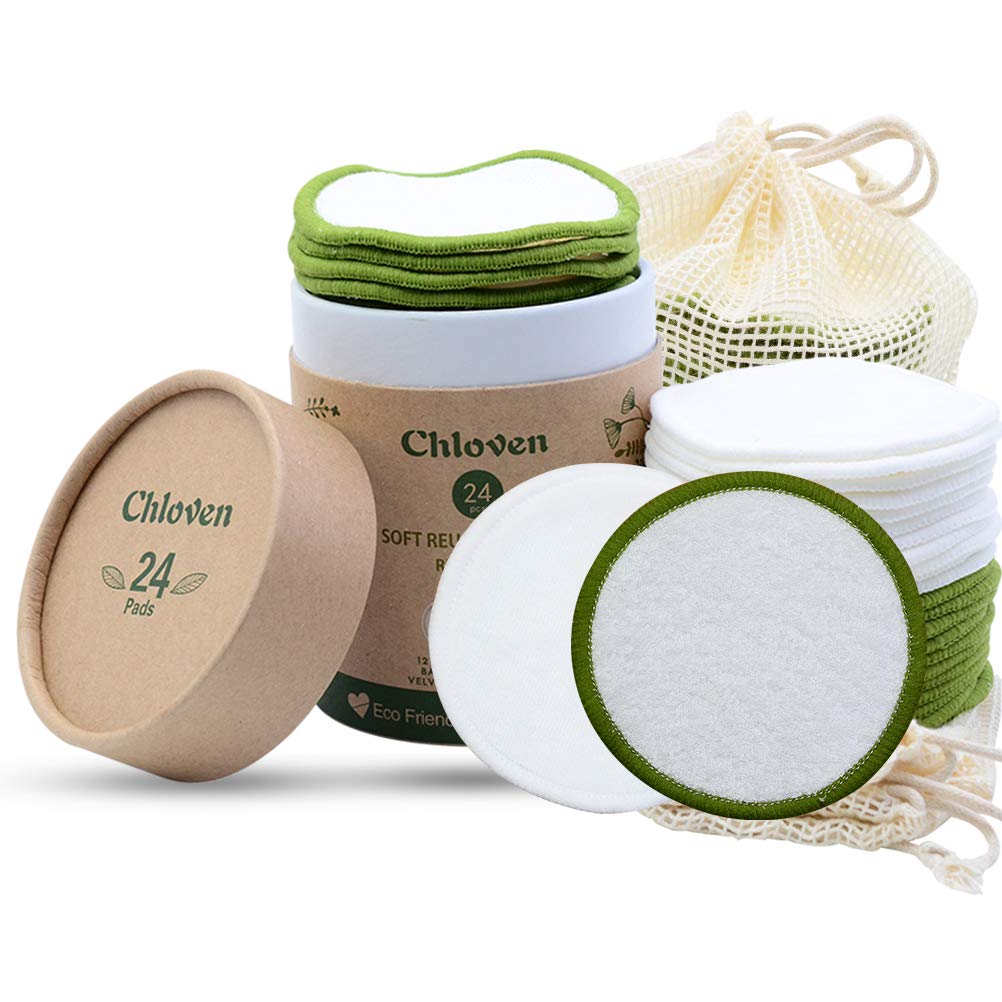 Chloven Reusable Makeup Remover Pads - 24 Eco-Friendly Bamboo Velour Cotton Rounds With Bag