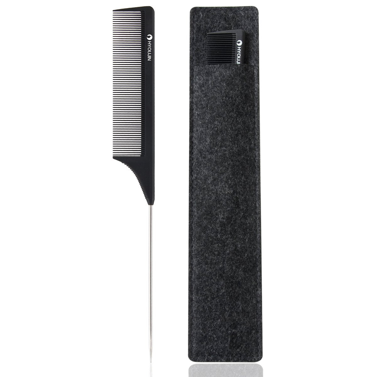 Hyoujin Carbon Rat Tail Comb - Fine Tooth Teasing & Detangling Comb For Curly Hair, Black