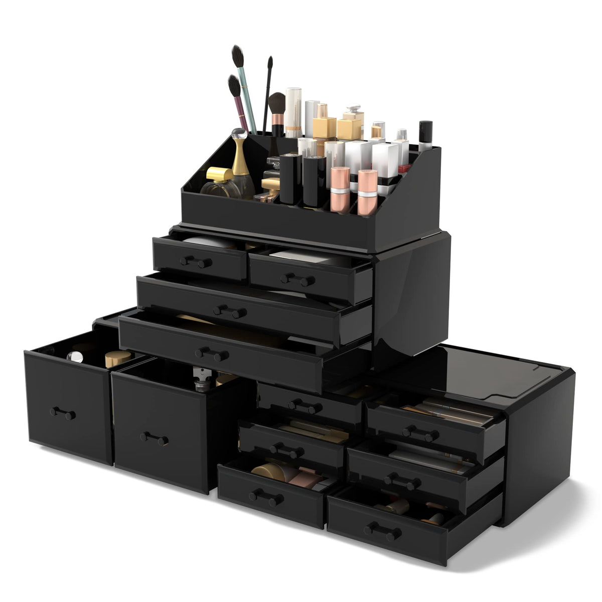 READAEER Black Makeup Organizer with 12 Plastic Drawers - Stylish Storage Solution