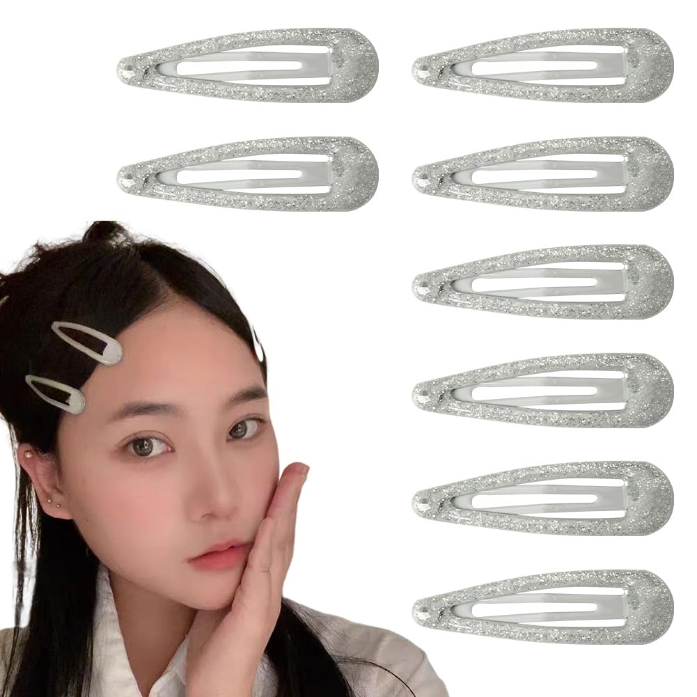 Yangqian Shiny Glitter Snap Hair Clips Set - Sparkly Silver Barrettes For Women & Girls