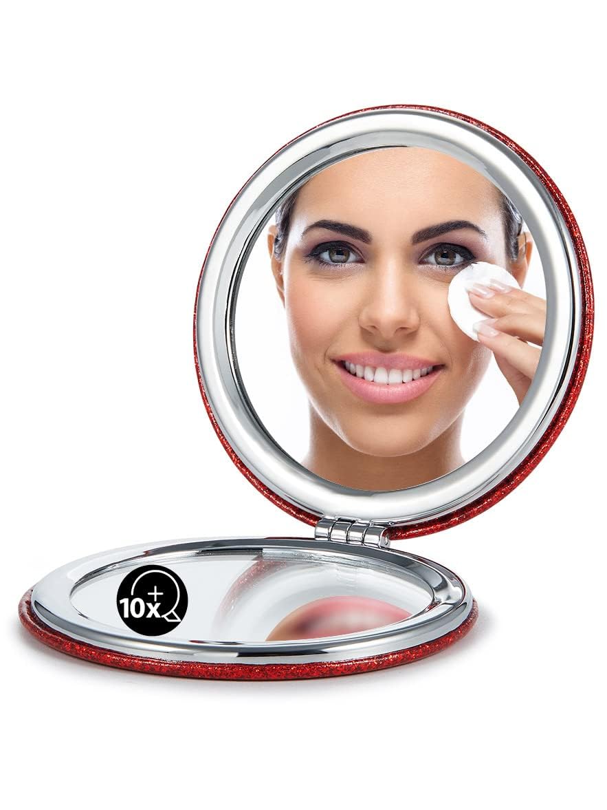 Omiro Compact Magnifying Mirror 1X/10X - Portable Pu Leather, Round Red, 3&quot; Travel Size