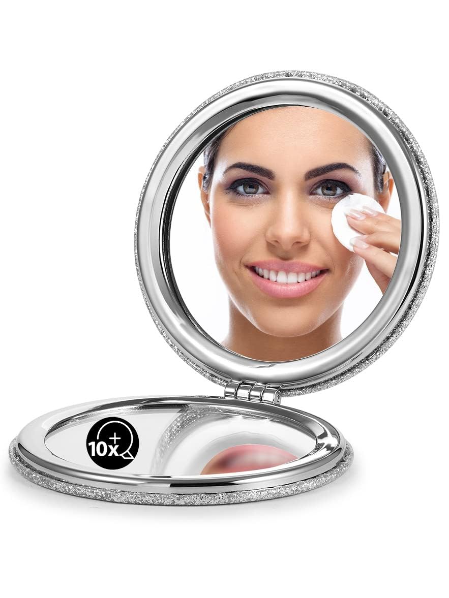 Omiro 1X/10X Magnifying Compact Mirror - Silver, Ultra-Portable, Round, Pu Leather For Travel