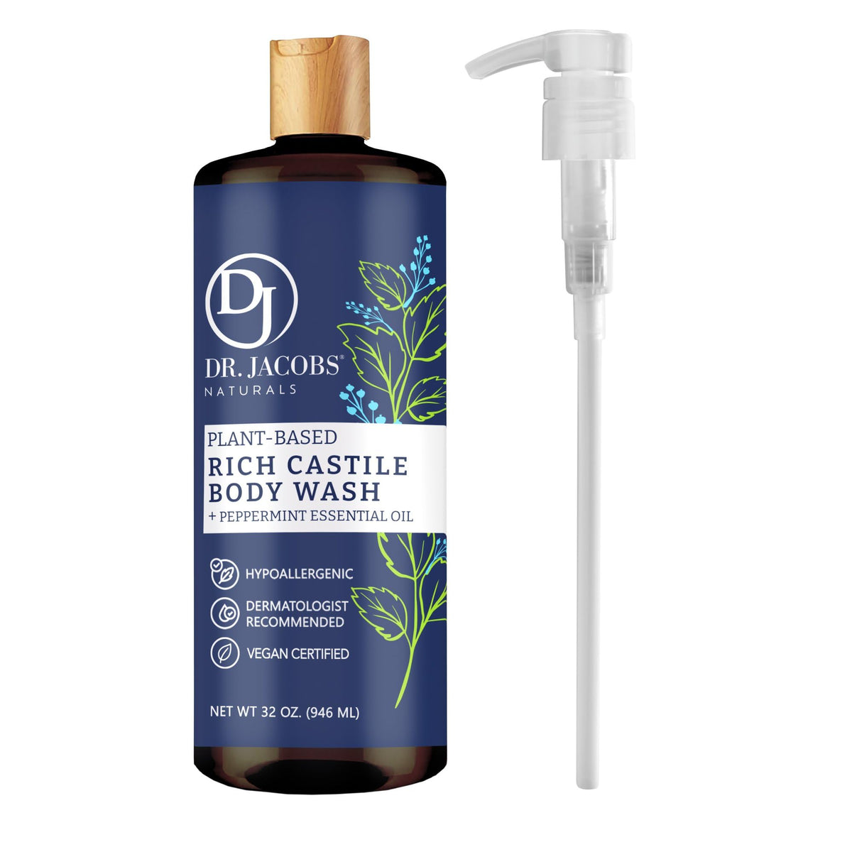 Dr Jacobs Naturals Pure Castile Soap Gel, Peppermint, 32 Oz Pump, Organic, Vegan, Hypoallergenic