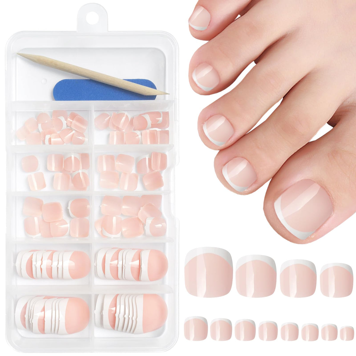 AddFavor 120pcs French Nude Press on Toenails, Glossy Acrylic Short Square Full Cover Nail Tips