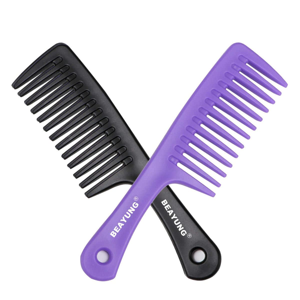 Beayung 2 Pcs Wide Tooth Comb Set For Curly Hair, Detangling Shower Brushes, Black & Purple