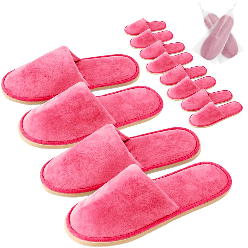 Gong Gong Hot Pink Disposable Slippers - 6-12 Pairs, Washable & Reusable, Large Crystal Velvet