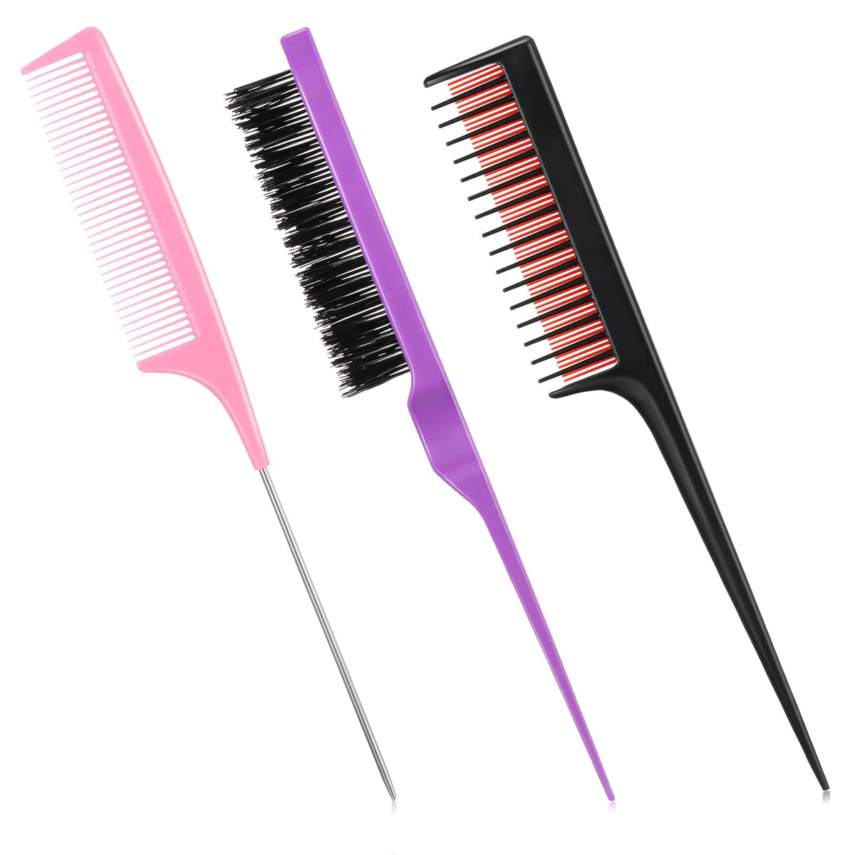 Patelai 3-Piece Hair Styling Comb Set - Teasing Brush, Rat Tail & Triple Comb, Black/Purple