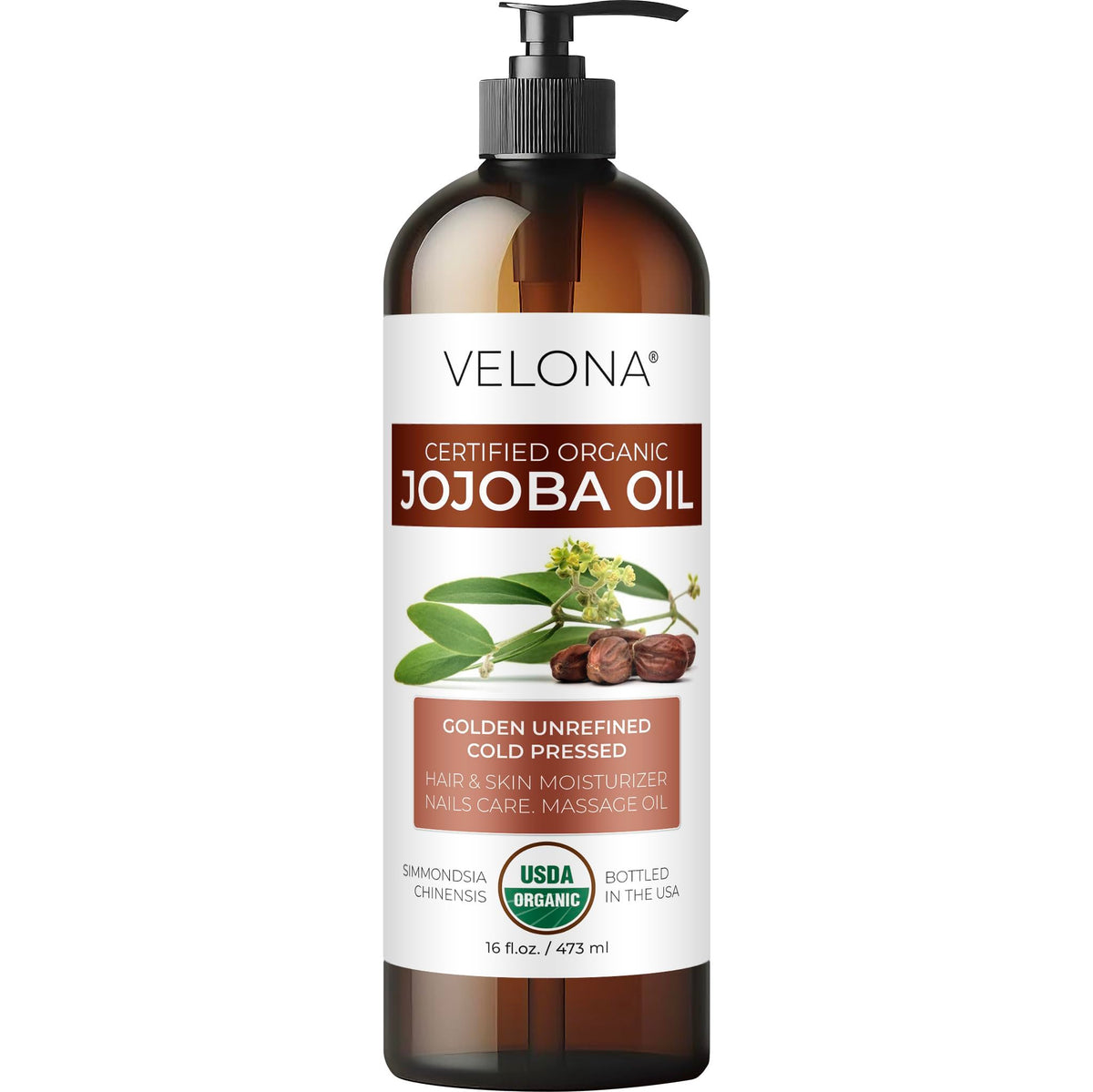 Velona Jojoba Oil Usda Organic 16 Fl Oz - 100% Pure, Golden, Unrefined, Cold Pressed