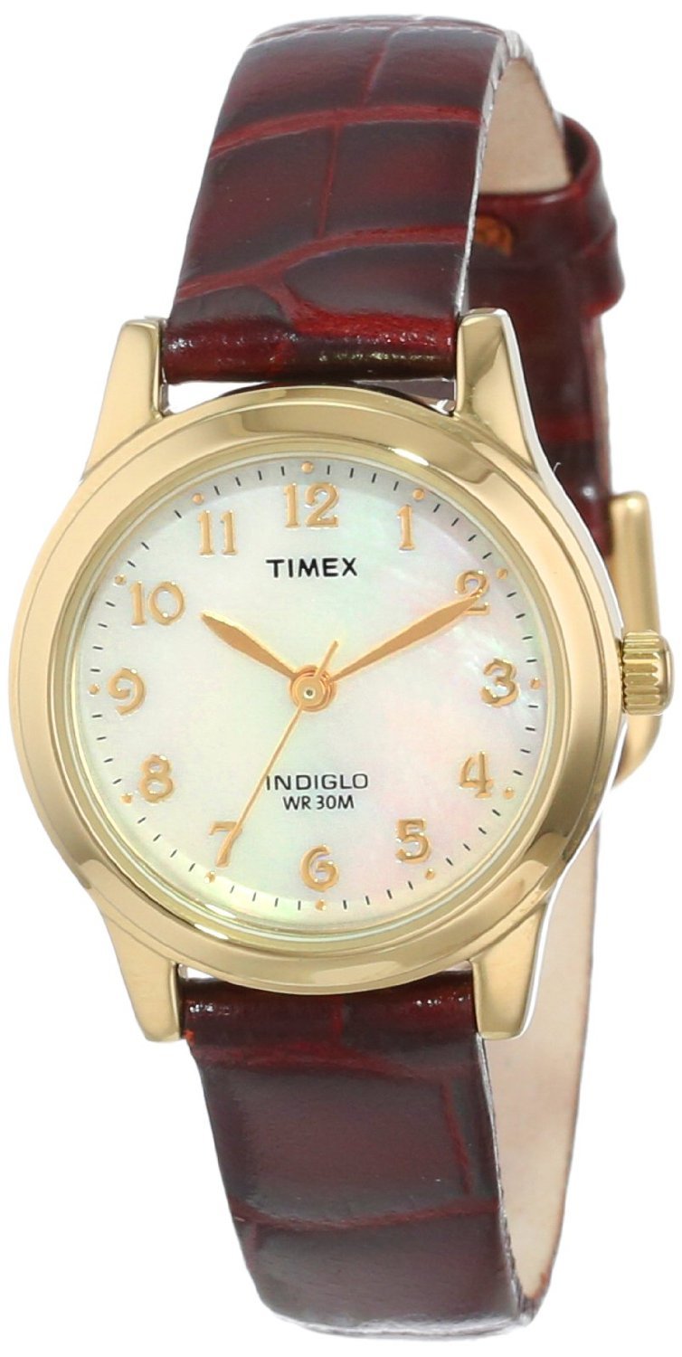 Timex Women'S Essex Avenue Burgundy Croco Leather Strap Watch, Gold/Mop