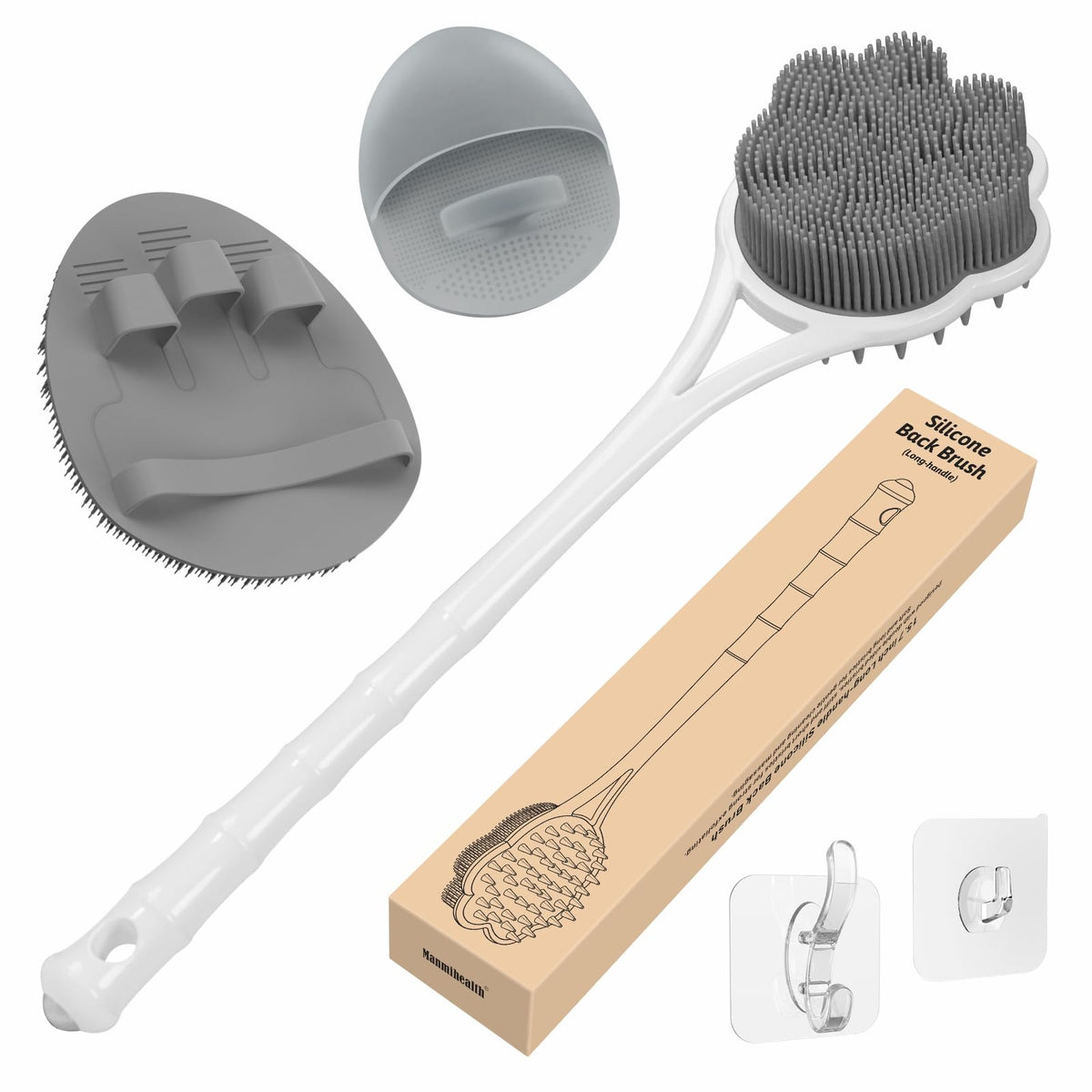 Manmihealth 15.7&quot; Silicone Back Scrubber & Face Brush Set, Soft Paw-Shaped Body Cleaners - Gray