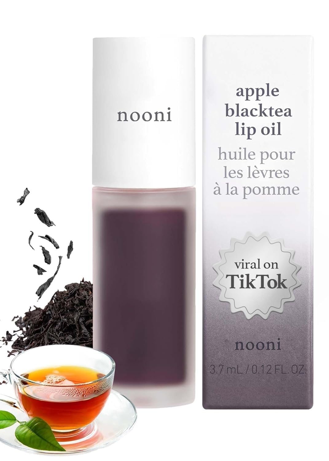 Nooni Korean Vegan Lip Oil - Appleblacktea, Tinting Lip Stain With Apple Seed & Sweet Almond Oil