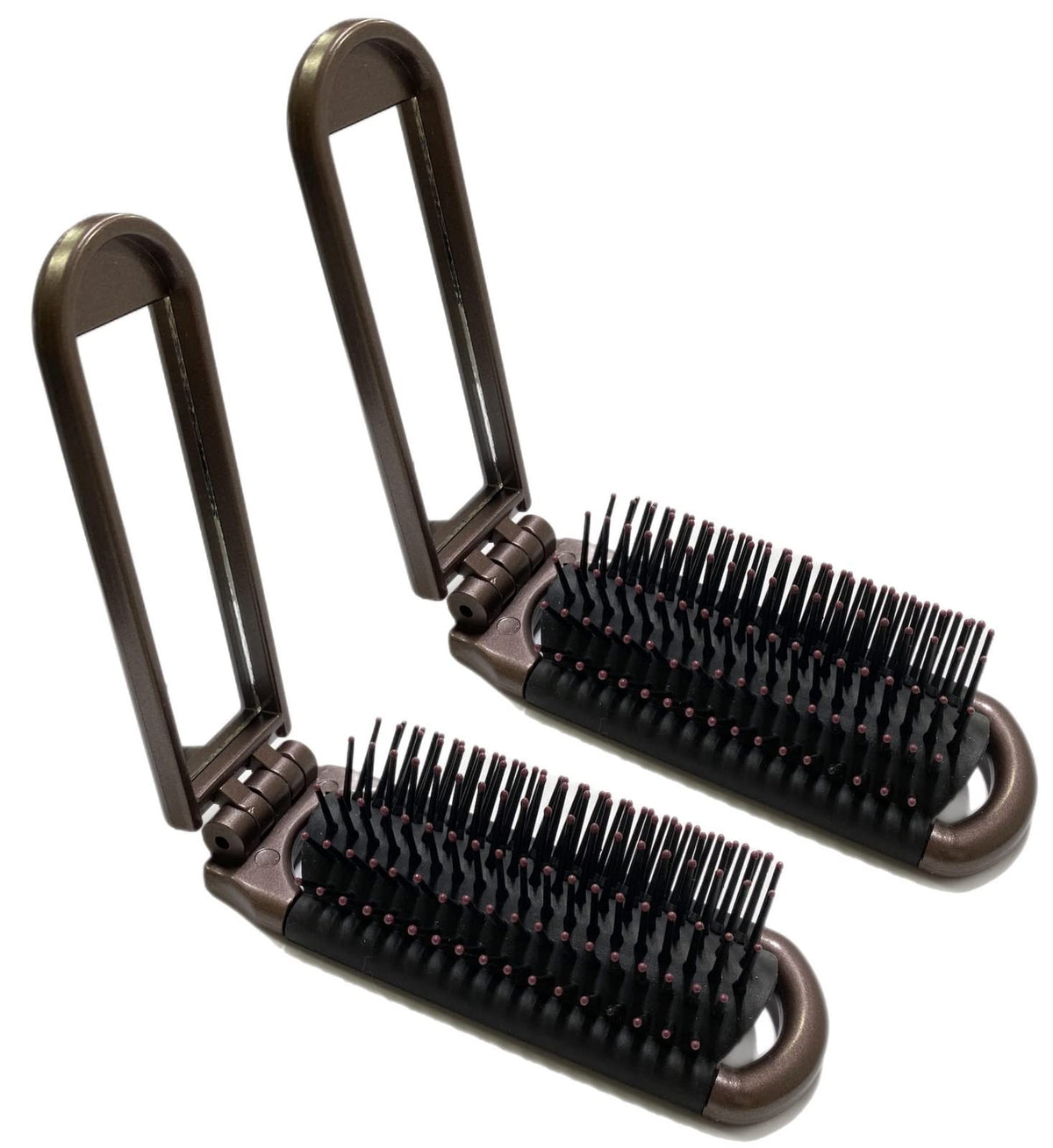 Alazco 2 Metallic Brown Folding Hair Brushes With Mirror - Compact Travel Size For Gym & Gift