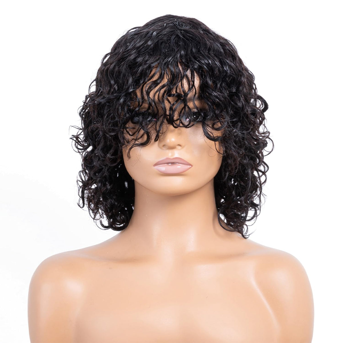 Ragmzze 12&quot; Natural Black Water Wave Wig - 100% Human Hair With Bangs, Glueless Jerry Curly