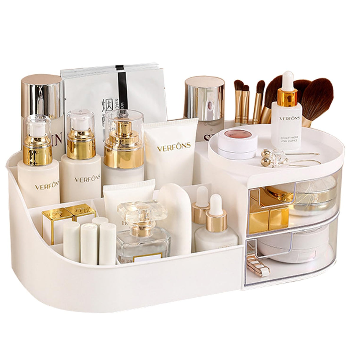 Luwoonng Large White Makeup Organizer With Drawers - Plastic Vanity Holder For Cosmetics & Jewelry