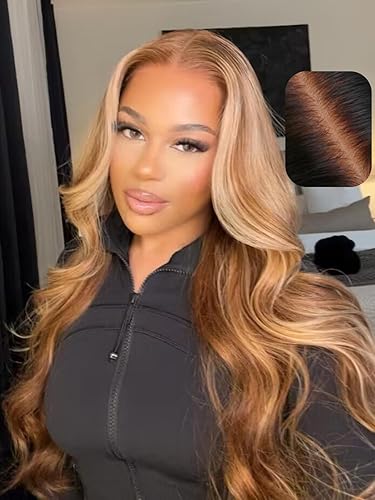 UNICE 24&quot; Pre Cut Lace Front Wig - Brown Blonde Highlight Body Wave, Human Hair, 150% Density