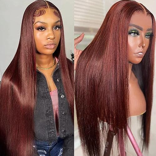 Maycaur 24&quot; Reddish Brown Lace Front Wig - Long Straight Synthetic Hair for Fashion Women