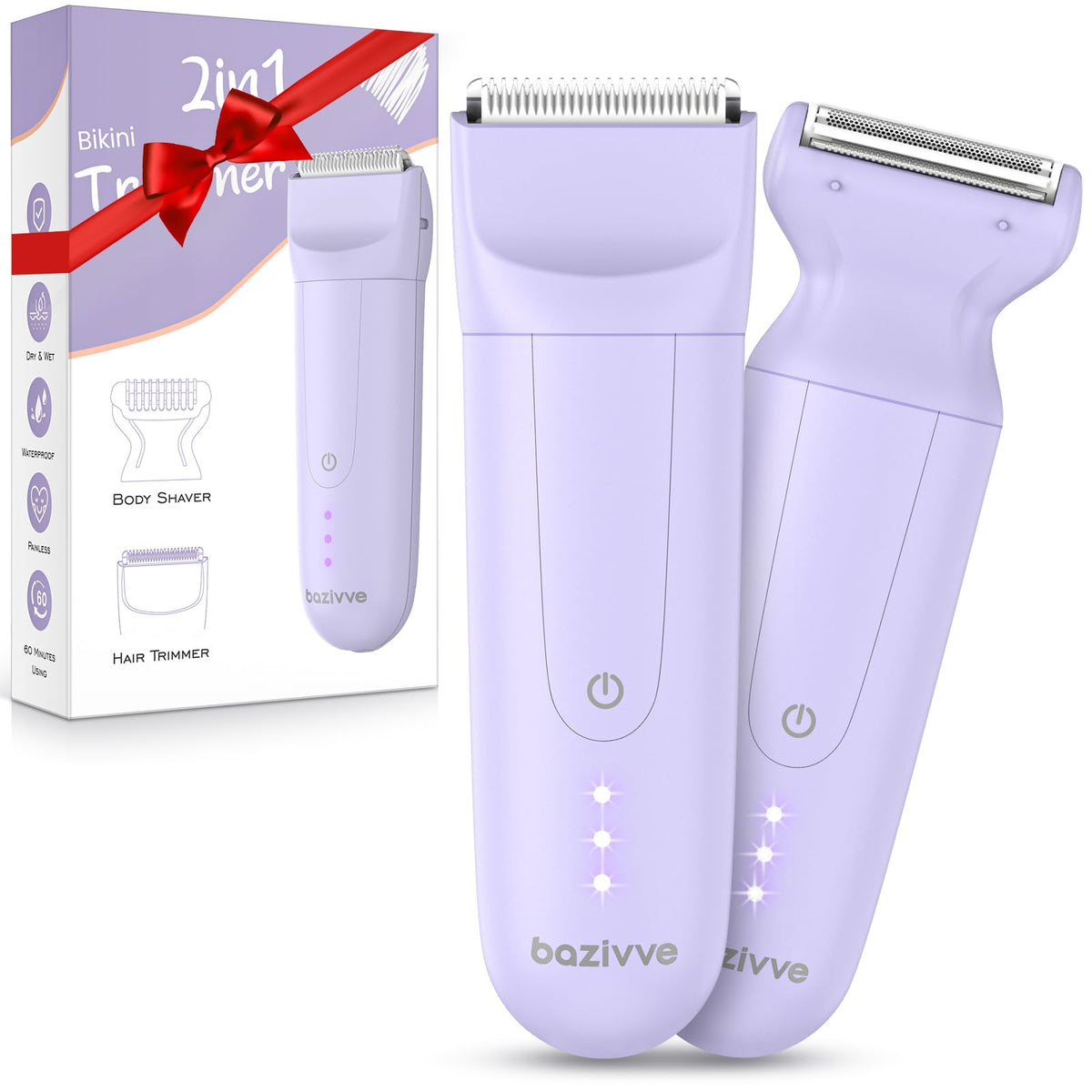 Bazivve 2-In-1 Electric Bikini Trimmer For Women - Rechargeable, Waterproof, Painless Hair Removal, Purple