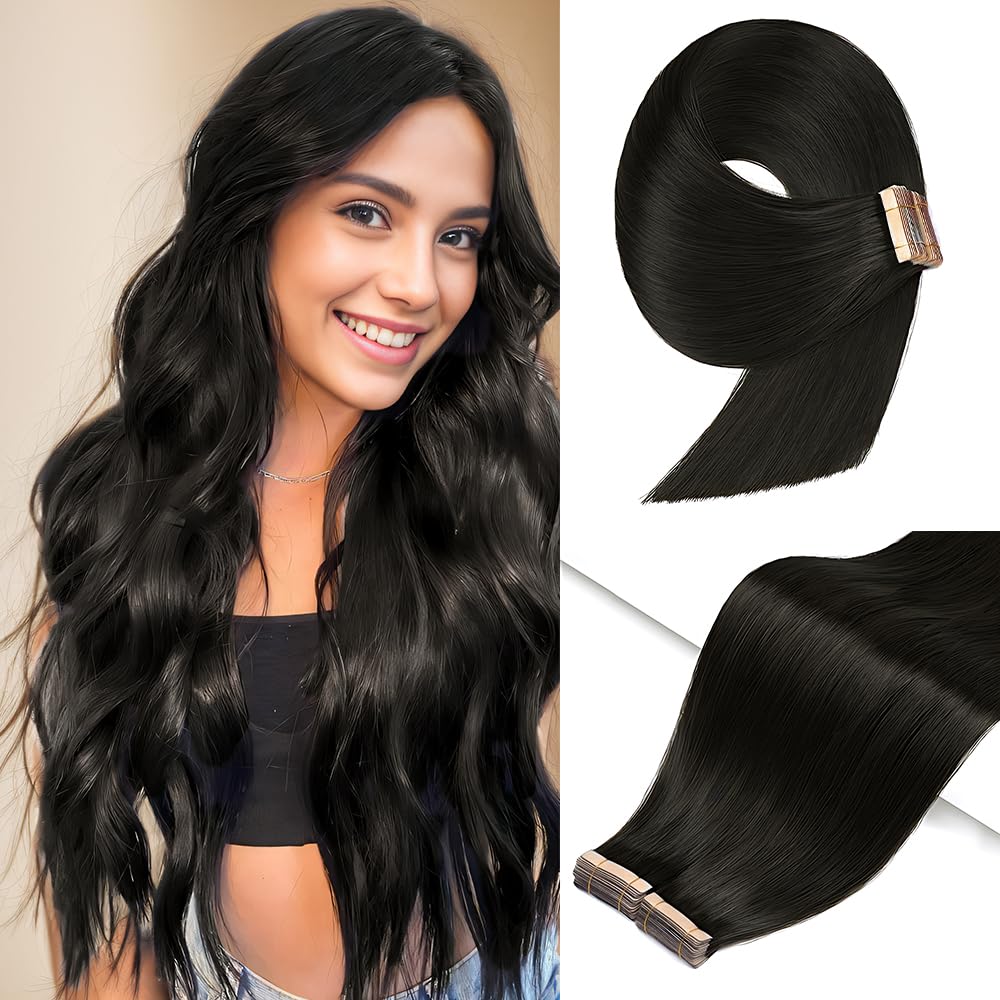 Yddm 24&quot; Tape In Hair Extensions - 20Pcs Natural Black Human Hair, Seamless & Invisible