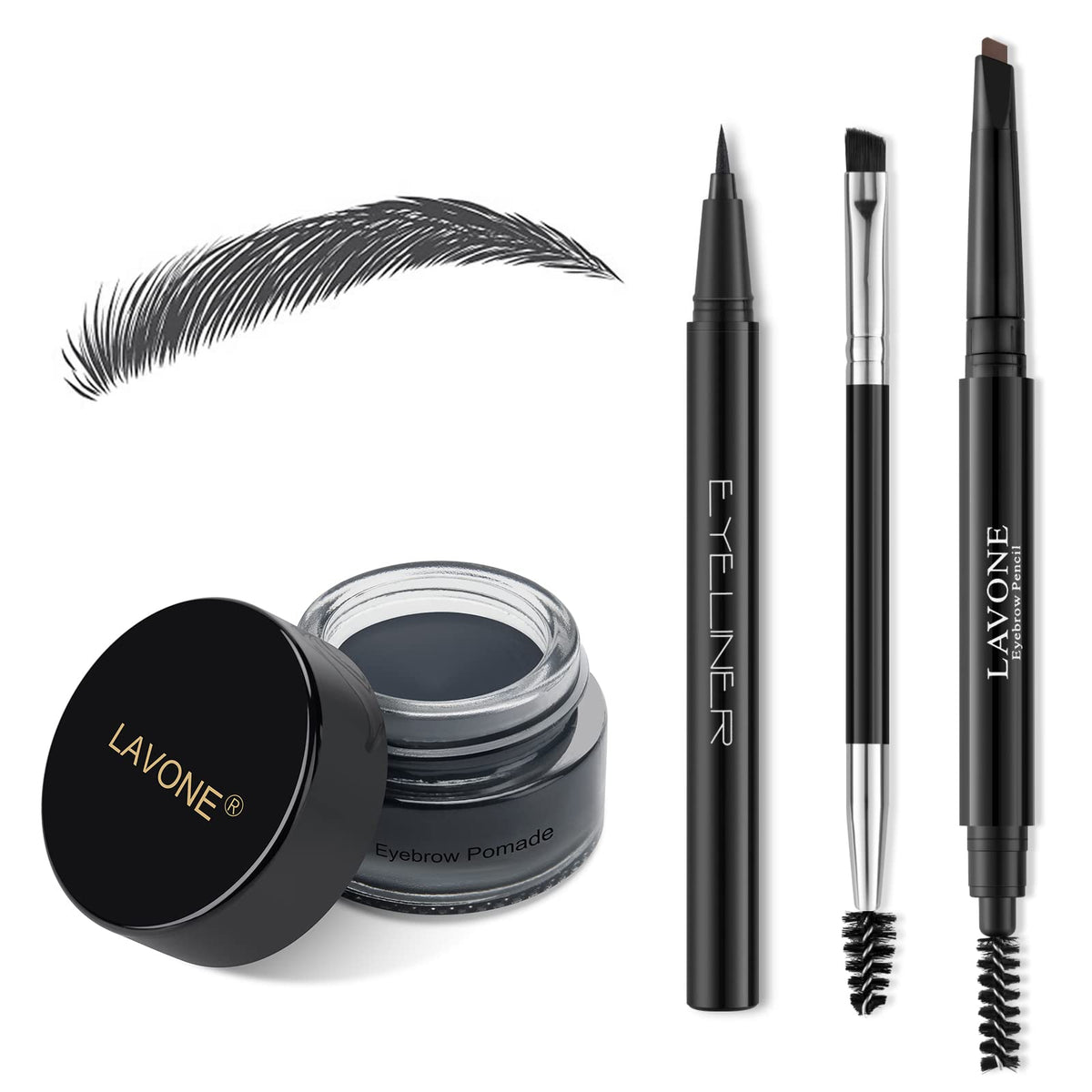 Lavone Eyebrow Stamp Pencil Kit - Waterproof Brow Stamp, Pencil, Pomade & Brush - Dark Black