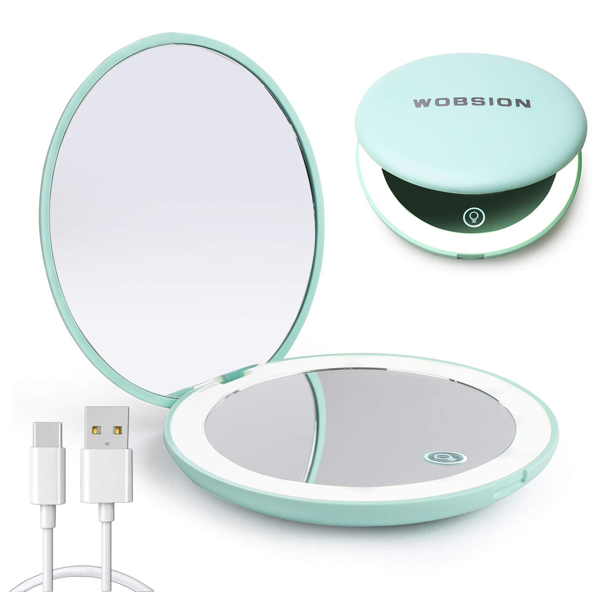 Wobsion Rechargeable Led Compact Mirror 1X/10X Magnification Dimmable Handheld Travel Mirror, Cyan