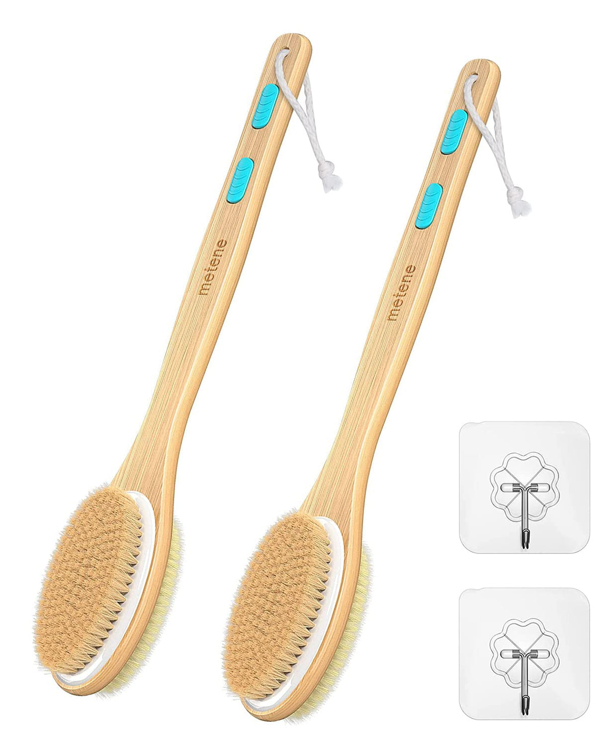 Metene 2 Pack Shower Brush - Soft & Stiff Bristles, Dual-Sided Back Scrubber, Light Blue