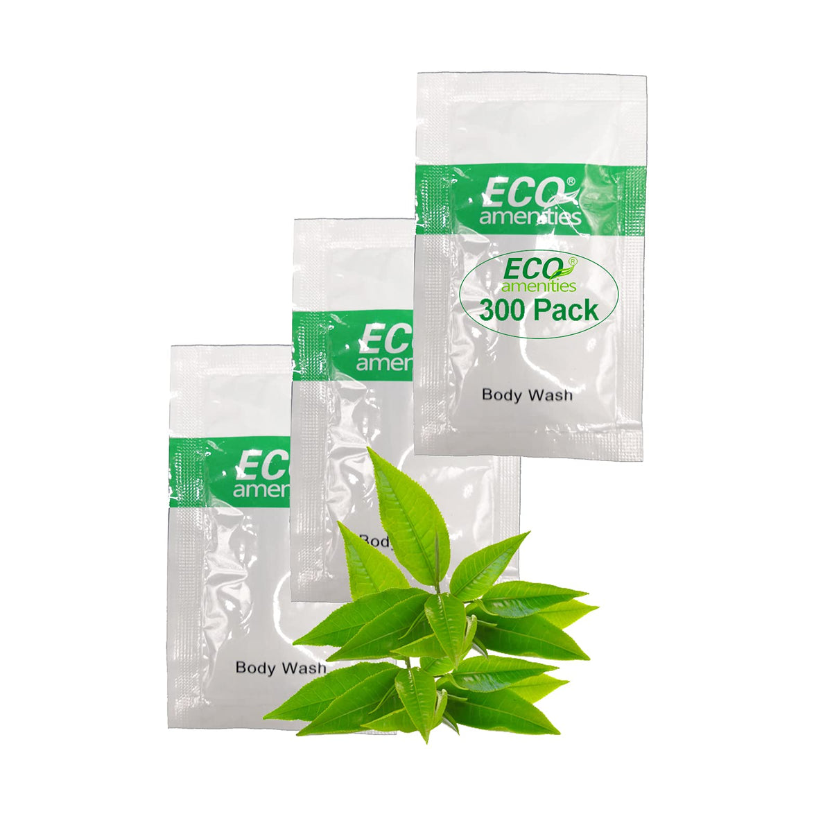 Eco Amenities Green Tea Body Wash Sachets - 300 Pack, Travel Size Hotel Toiletries For Guests