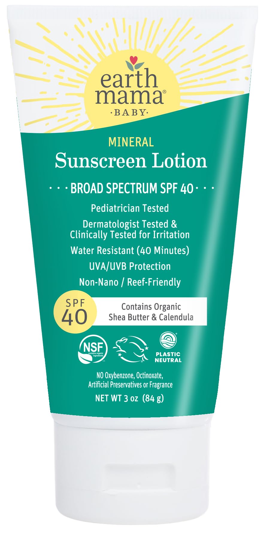 Earth Mama Baby Mineral Sunscreen Lotion Spf 40 | Reef Safe, Non-Nano Zinc, 3-Ounce