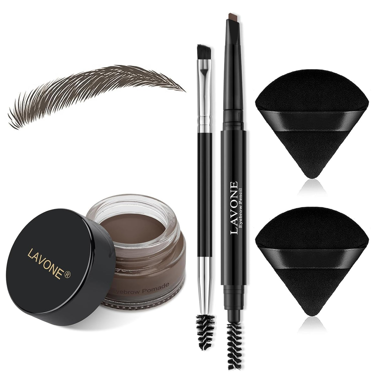 Lavone Waterproof Eyebrow Pencil Makeup Kit - Black Brown, Pomade, Powder Puff & Brush