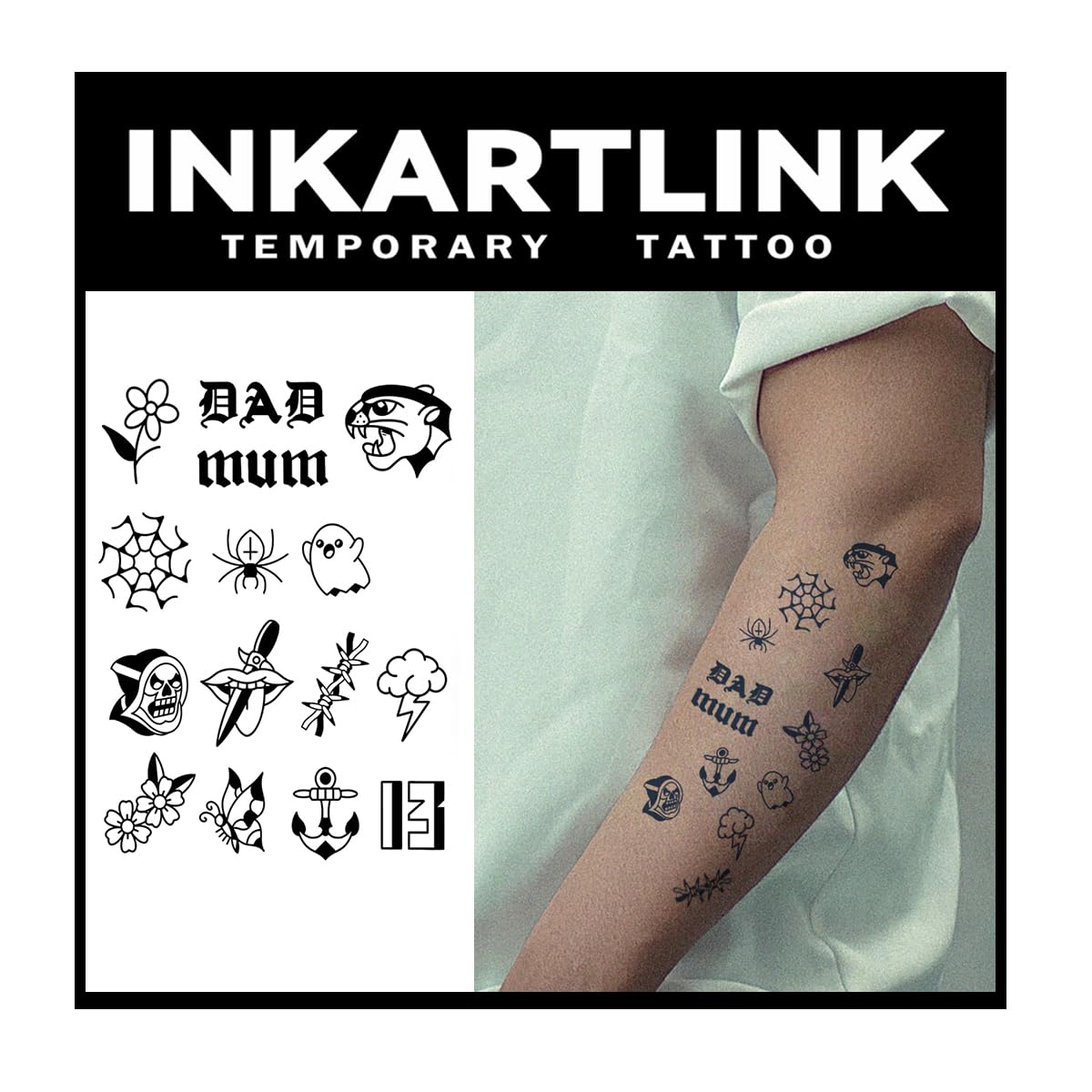 Inkartlink Large Semi-Permanent Tattoo Sheets - Waterproof, Realistic, Lasts 1-2 Weeks, Old School Design