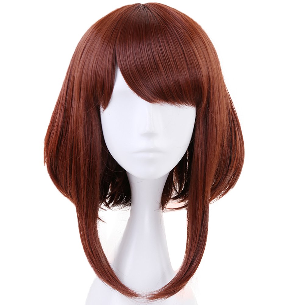 Anogol Brown Wavy Bob Wig - Short Synthetic Hair Cosplay Wig for Women, Halloween Costume Party