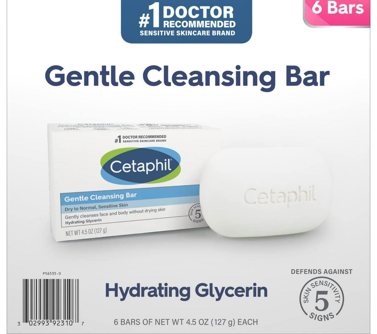 Cetaphil Gentle Cleansing Bar For Dry/Sensitive Skin, 4.5 Oz, Pack Of 12