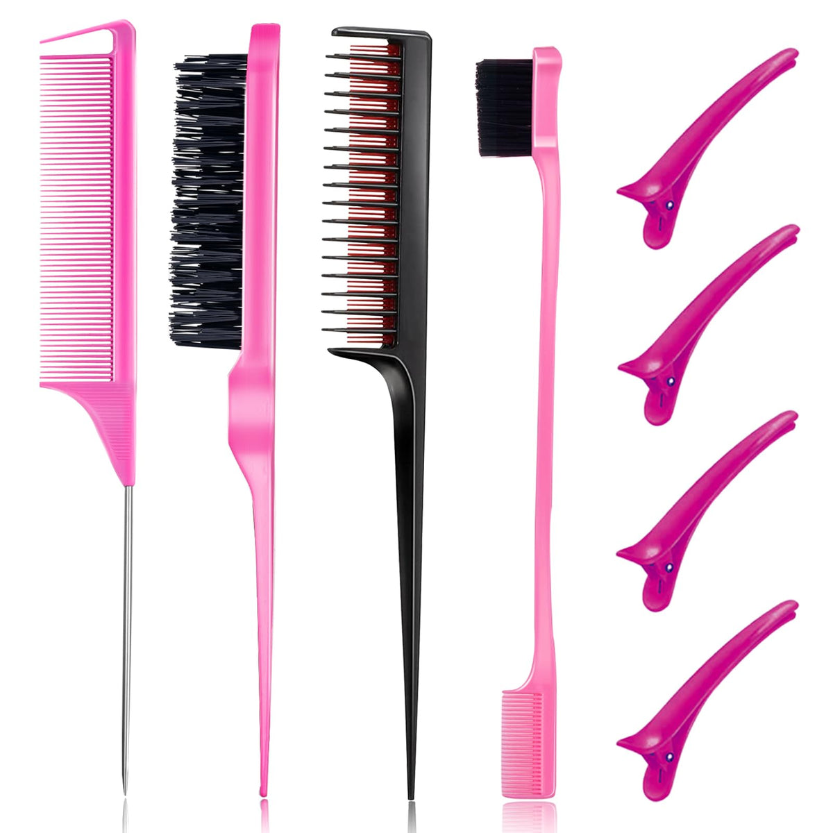 Goiple 8-Piece Hair Styling Comb Set - Teasing Brush, Rat Tail, Edge Brush - Pink & Black