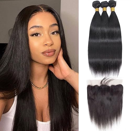 FASHION VILA Brazilian Virgin Straight Hair 3 Bundles + 13x4 Frontal for Black Women