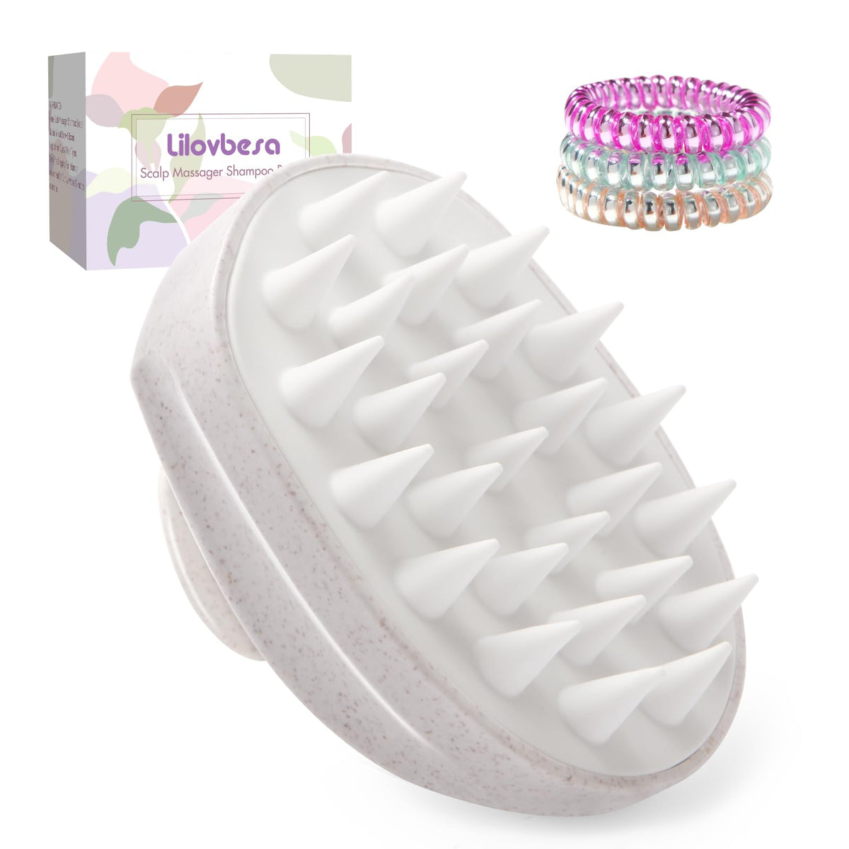 Lilovbesa Scalp Massager Brush With Soft Silicone Bristles For Hair, Includes 3 Spiral Ties, White