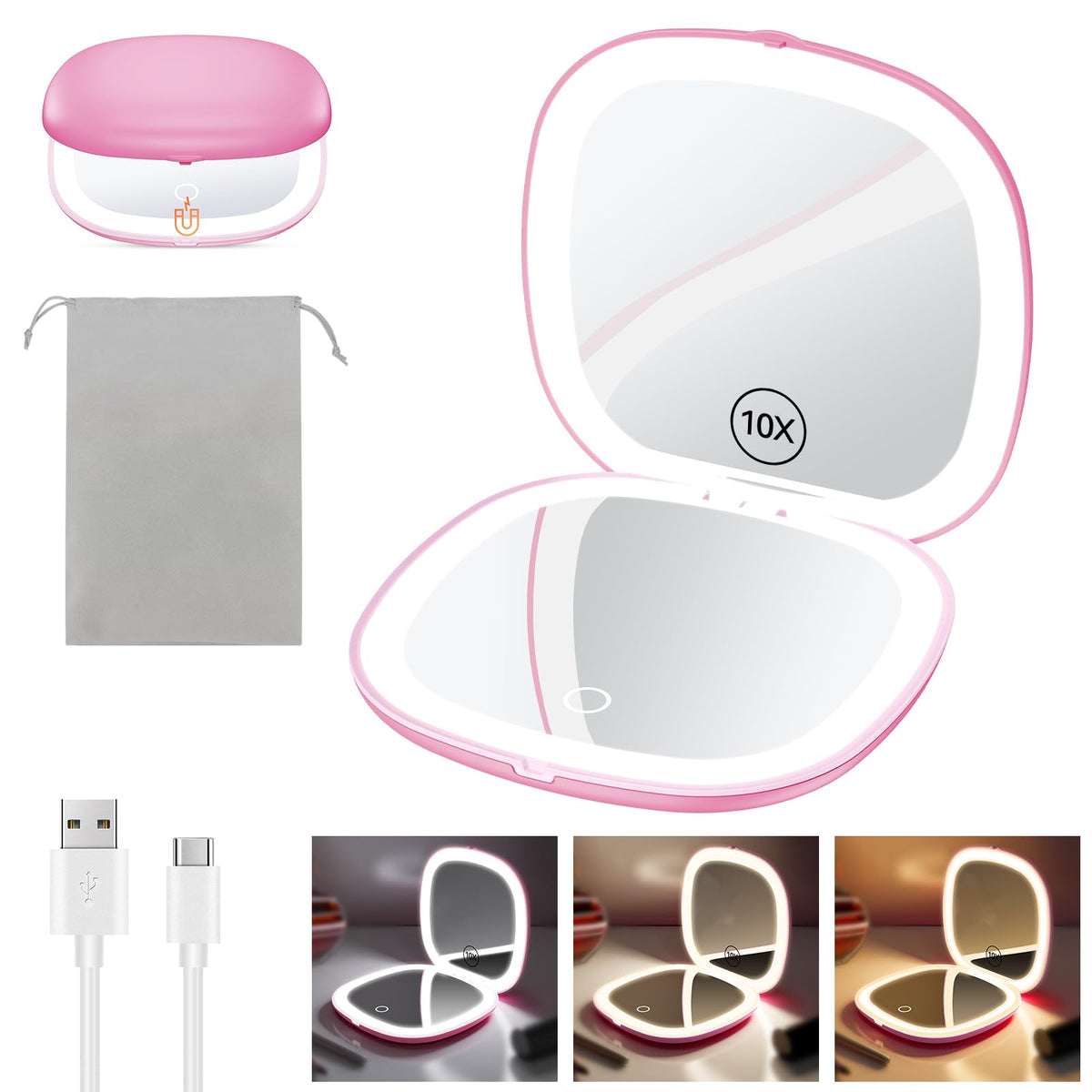 Benbilry 3.9&quot; Compact Makeup Mirror, Led Light, 1X/10X Magnification, Pink Travel Mirror