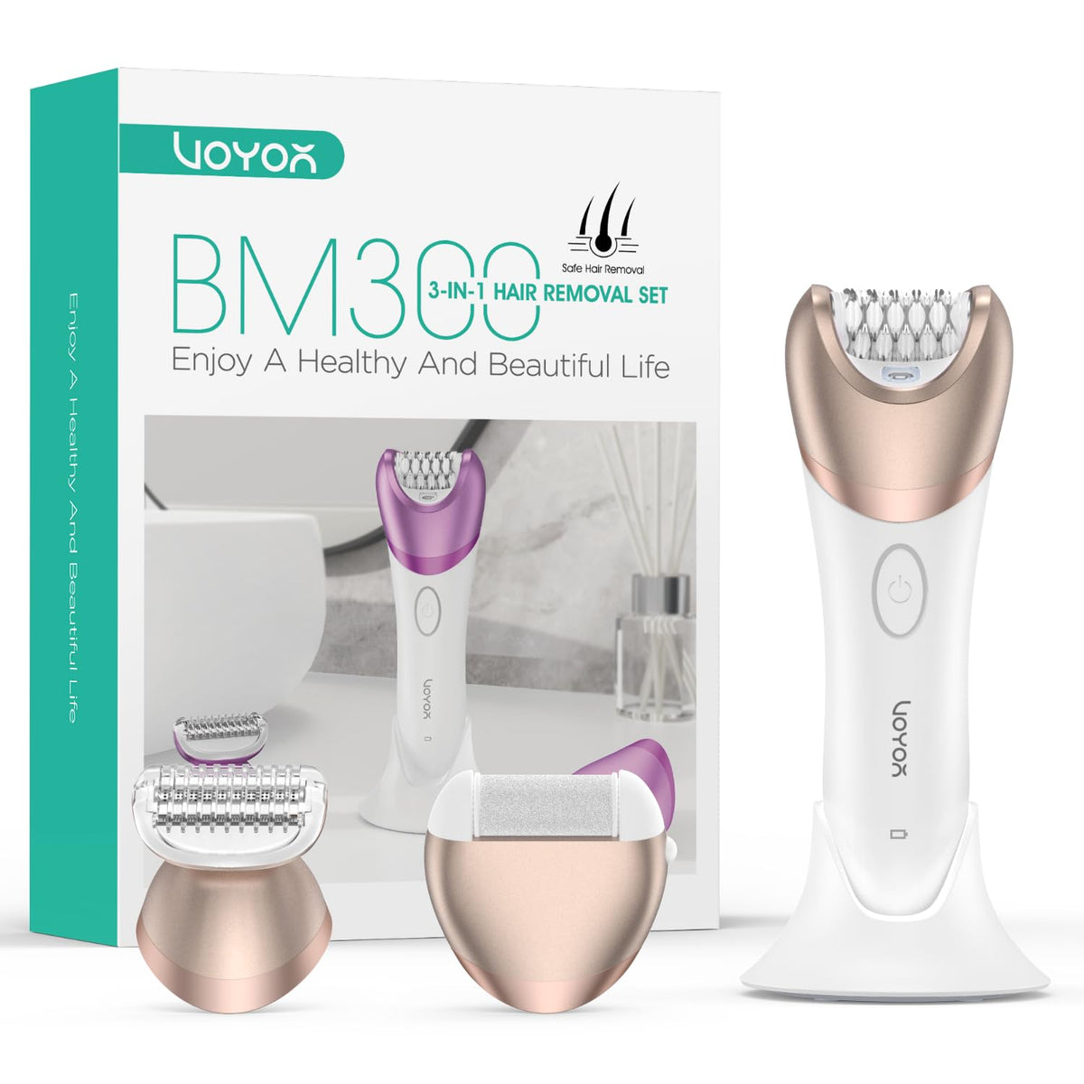 Voyor 3-In-1 Epilator For Women, Rechargeable Hair Removal With 30 Tweezers, Champagne Gold