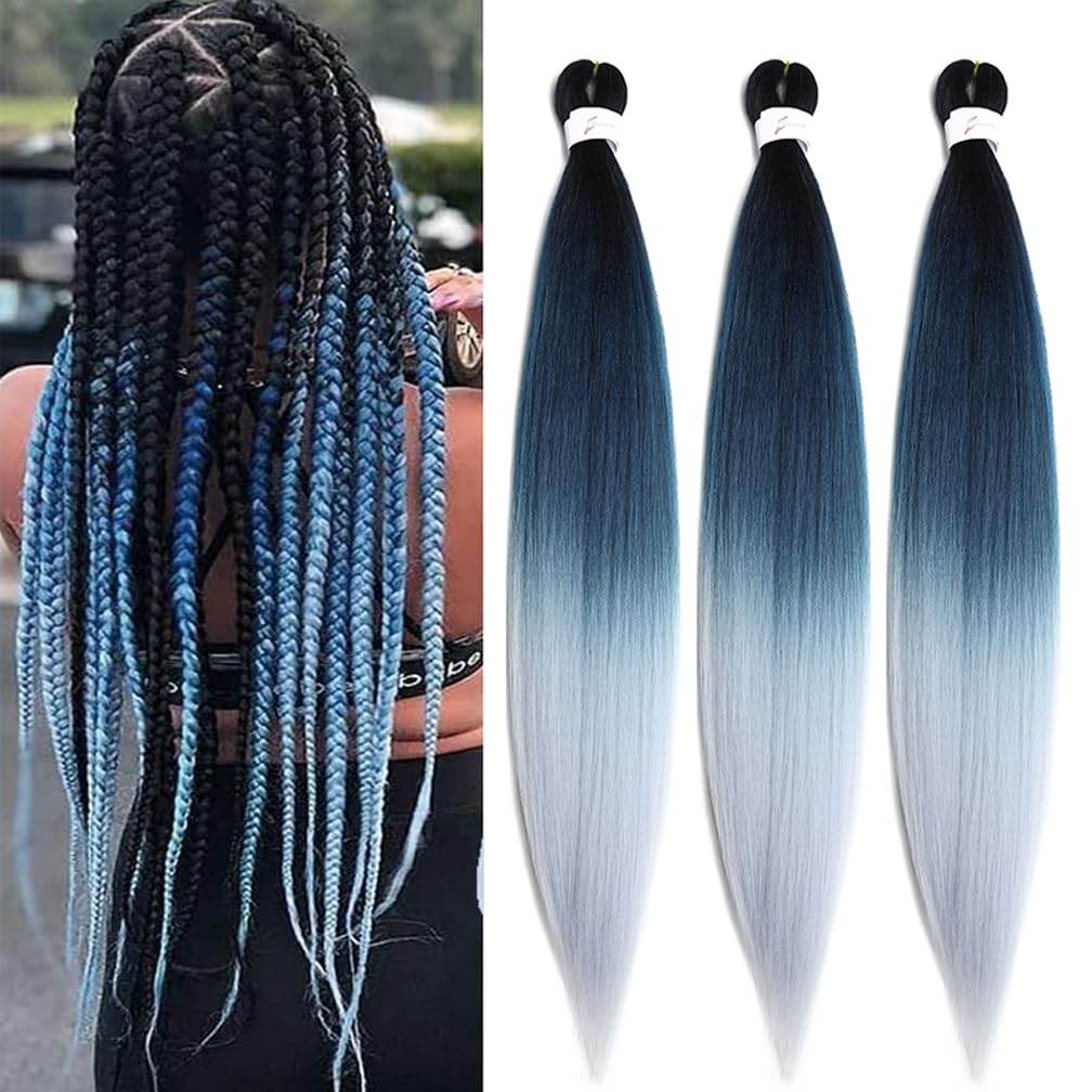 Balinghair 28&quot; Pre Stretched Kanekalon Braiding Hair - Grey Ombre, 3 Packs, Hot Water Setting