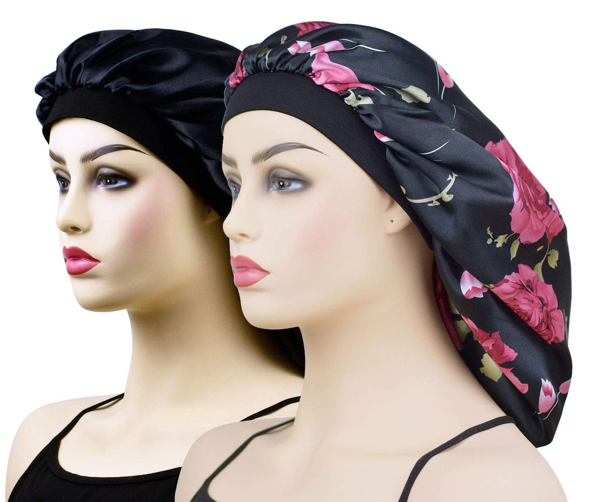 Cocosilk Xl Satin Bonnets For Long Hair - Black & Rose Silk Sleeping Cap For Women