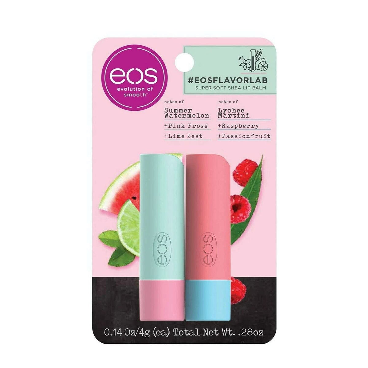 Eos Flavor Lab Lip Balm Sticks - Watermelon Frosé & Raspberry Lychee, Pack Of 2, 0.28