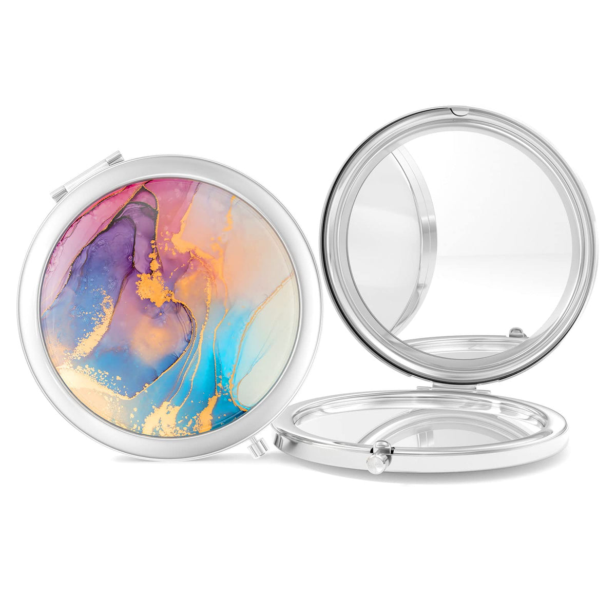 Nipichsha Compact Mirror - 2-Sided 2X/1X Magnification, Portable Makeup Mirror, Silver Purple Gilt