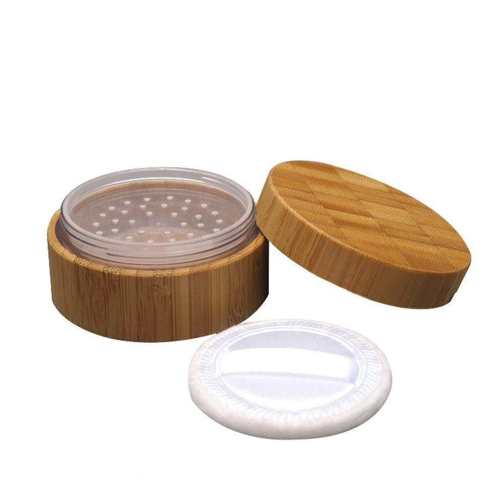 Upstore 30G Bamboo Loose Powder Jar With Sifter & Puff - Brown Makeup Storage Container