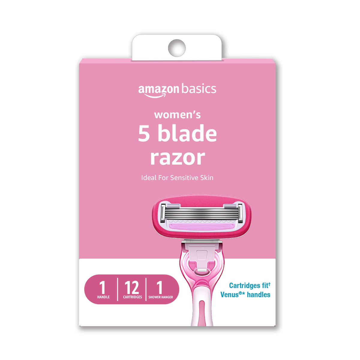 Amazon Basics Women'S 5 Blade Razor Set, 12 Cartridges, Pink, Fits Venus Handles