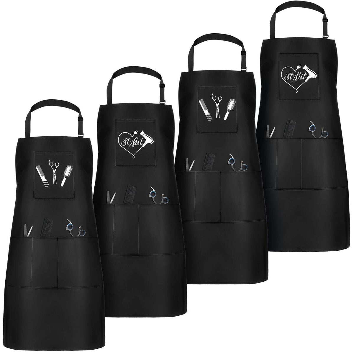 Janmercy Waterproof Hair Stylist Apron - 4 Pcs With 4 Pockets, Black, 33X25 Inch