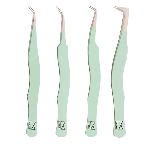 M LASH Eyelash Tweezers Set of 4 - Professional Fiber Tip Tweezers, Japanese Steel, Green